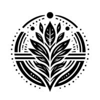 Intricate Black and White Botanical Mandala with Leafy Center, Geometric Accents, and a DotEmbellished Circular Frame. vector