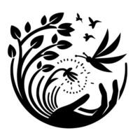A stylized black and white circular composition featuring a hand cradling a flower, with a dragonfly, birds, and plant life creating an ecological balance. vector