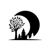 Silhouette of a deciduous tree, evergreen trees, and a crescent moon shape against a stark white background, showcasing a minimalist landscape. vector