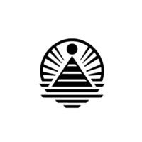 Minimalist Black and White Pyramid and Sun with Geometric Lines and Circle Elements on White Background. vector