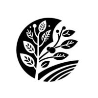 A minimalist black and white featuring stylized leaves, berries and a tree silhouette within a circular frame, suggesting nature or organic themes. vector