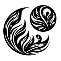 Abstract monochrome composition featuring flowing, stylized floral elements arranged in curved formations, reminiscent of a crescent and a sphere, on a stark white backdrop. vector