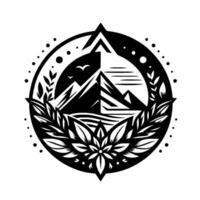 Monochrome mountain and floral crest with peaks, birds, foliage and a decorative circular border on white background. vector