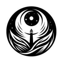 Stylized Black and White Lighthouse Silhouette with Waves and Celestial Sphere Inside a Circular Frame. vector