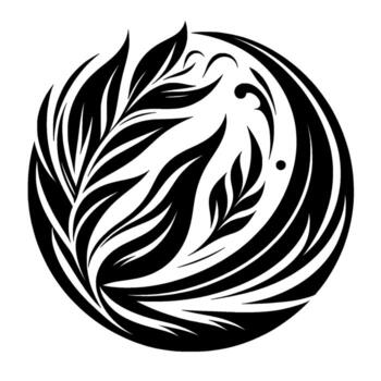 Intricate Black and White Circular Featuring Stylized Leaves and Swirls on a Clean White Background, Emphasizing Symmetry and Flow. vector