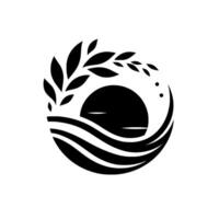 Abstract black and white nature logo Waves, sun, and leaves in a circular representing harmony and tranquility. vector