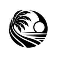 Silhouette of a Palm Tree, Sun, and Ocean within a Circle, Representing a Tropical Paradise, Tranquility, and Serenity. vector