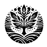 Elegant Black and White Circular Featuring a Stylized Tree of Life Symbol within a Decorative Border, Evoking Balance and Growth. vector