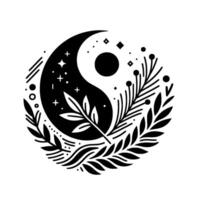 Intricate Yin Yang composition blending celestial elements like stars and moon phases with naturalistic foliage and botanical accents within a minimalist aesthetic. vector