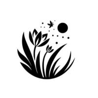 Monochromatic Floral Silhouette A stylized illustration of tulips and grass, with a butterfly, sun, and dots on a white background, creating a peaceful, minimalist composition. vector