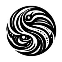Intricate Black and White Circular Design Abstract, flowing lines, dots and curves create a dynamic, symmetrical, tribal inspired art, reminiscent of a YinYang symbol. vector