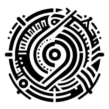 Abstract Geometric Black and White Circular with Interlocking Shapes, Lines, and Dot Patterns Resembling a Maze or Diagram on a White Background. vector