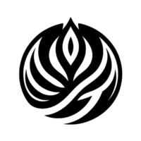 A stylized, monochrome illustration of a symmetrical, organic form resembling a stylized flower or flame within a circular frame, evoking a sense of balance and minimalism. vector