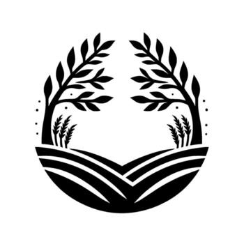 A minimalist monochrome circular illustration of a stylized farm landscape with two trees, wheat, and rolling fields, symbolizing natures harmony. vector