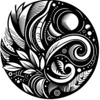 Intricate Black and White Circular Featuring Organic and Geometric Forms, Including Leaves, Swirls, Dots, and Detailed Patterns. vector