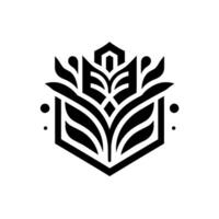 Geometric black and white floral emblem, featuring stylized leaves and a central floral element within a hexagonal frame, with decorative accents. vector