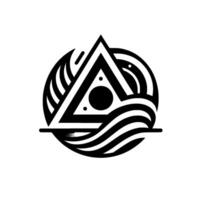 Abstract Black and White Composition Featuring a Triangle Enclosed in a Circle with Wave and Feather Elements. vector