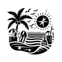A stylized, circular black and white illustration capturing a sunny beach scene with palm trees, waves, and various vacation elements. vector