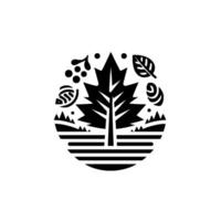 Monochrome Illustration Stylized Canadian Maple Leaf at Center with Surrounding Foliage Terrain, Enclosed by a Circle of Horizontal Lines on White. vector