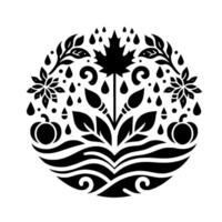 Stylized Black and White Autumnal Emblem A Circular with Rain, Maple Leaf, Pumpkins, and Floral Elements vector