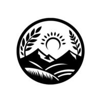 A minimalist black and white circular showcases a landscape with mountains, a sun, wheat stalks, and fields, embodying nature. vector