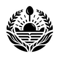 Black and white stylized food featuring a spoon, sun, wheat, and bowl in a circular composition. vector