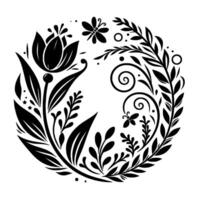 Elegant Floral Monochromatic Circle Composition with Tulip, Leaves, Swirls, Butterfly and Dots. vector