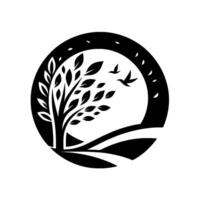 Silhouette illustration of a tree, rolling hills, and flying birds, encapsulated within a black circular frame against a white background, evoking a sense of natures tranquility. vector