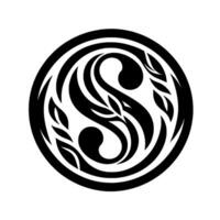 Intricate Black and White YinYangEsque within Circle, Featuring Floral Elements vector