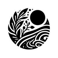 Intricate Monochrome Circular Featuring Botanical Elements, Waterlike Waves, and a Dark Circular Sun, Symbolizing Nature and Harmony. vector
