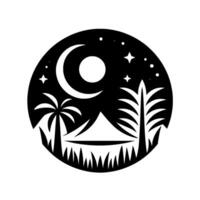 Black and White Circular Illustration Night scene with crescent moon, stars, palm trees, tent, and grass, creating a serene desert ambiance. vector