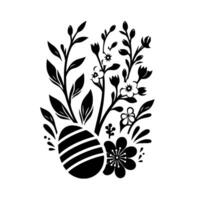 A stylized black and white Easter illustration featuring a striped egg at the base, surrounded by flowering branches, leaves, and floral elements against a clean white backdrop. vector