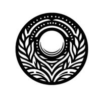 Intricate black and white circular design, featuring layered rings with dot patterns and stylized leaflike motifs, evoking a sense of harmony and balance. vector