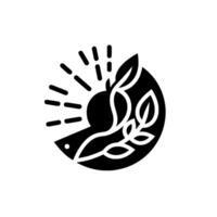 Stylized Black and White Depicting a Sun with Emanating Rays, an Apple, and Foliage Within a Circular Shape, on a White Background. vector
