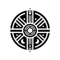 A symmetrical, monochrome featuring a central nested circle, geometric patterns, and crescent moon motifs, evoking a sense of ancient symbolism. vector