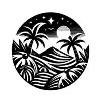 Black and white circular design tropical night scene with palm trees, mountains, moon, stars, and beach umbrellas. vector