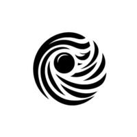 Bold black and white abstract featuring swirling, curved lines surrounding a central dark orb, creating a dynamic, hypnotic effect. vector