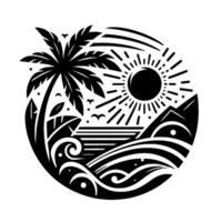 A circular silhouette illustration depicting a tropical beach scene with a palm tree, sun, ocean waves, and birds, evoking a sense of summer and tranquility. vector