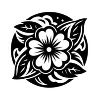 Elegant Black and White Floral Design A symmetrical composition of a stylized flower, surrounded by leaves, set within a circular frame, showcasing detailed linework. vector