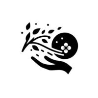 Minimalist Symbol Hand cradling a flowering orb, branch, and leaves, set against a crisp, white background, representing nurturing. vector