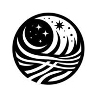 Circular Celestial Composition A monochrome showcasing a crescent moon, stars, and waves within a circle. vector