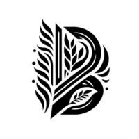 Elegant Black and White Botanical Letter B Featuring Leafy Elements, Dots, and Art Deco Lines. vector