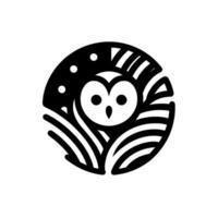 A minimalist black and white circular emblem featuring an owl within a stylized forest scene with abstract lines and dots representing stars. vector