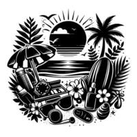 Black and White Illustration of a Beach Scene Featuring a Sunset, Surfboard, and Relaxation Elements. vector