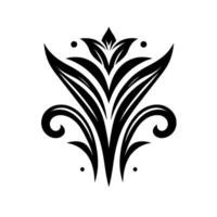 Elegant Black and White Floral Crest A Symmetrical Featuring Stylized Leaves, Flourishes, and Geometric Elements, on a Clean White Background. vector