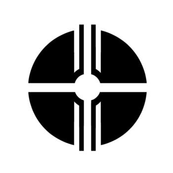 A stark, geometric emblem featuring a black, crossshaped intersecting a black circle, with white negative space. vector