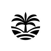 A minimalist, black and white featuring a stylized palm tree set in a circular landscape of rolling hills and an abstract ocean. vector
