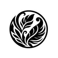 Intricate Black and White Floral Enclosed in a Circle, Featuring Leafy Branches and Curvilinear Forms. vector