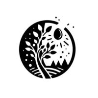 A stylized monochrome nature scene within a circle, depicting a tree with leaves, sun, mountains, and fields, with a dynamic bite taken out. vector