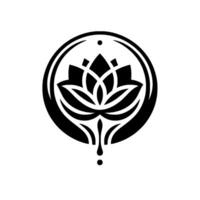 Geometric Lotus Emblem A symmetrical black and white featuring a stylized lotus flower within a circular frame, with a minimalist aesthetic and a single droplet. vector